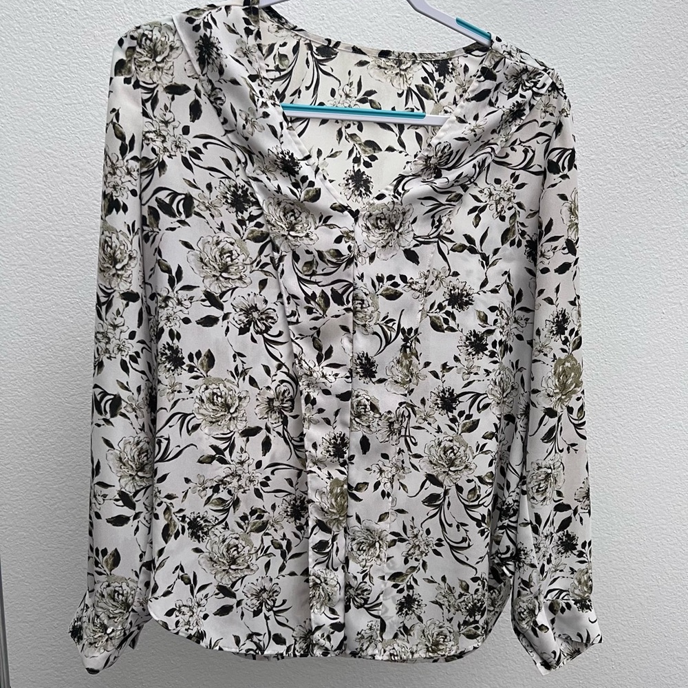 Cream blouse with green/brownish floral print